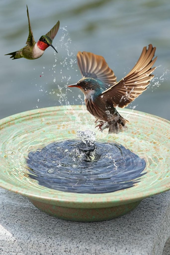 a bird splashing water into a bird bath