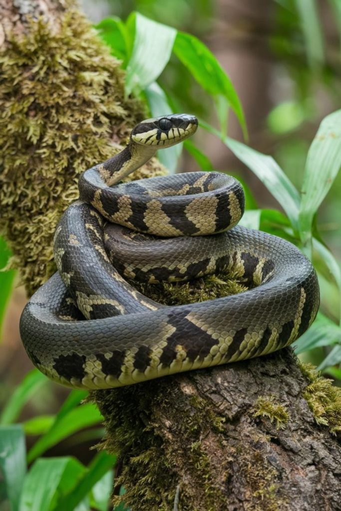 a snake coiled up on a tree branch
