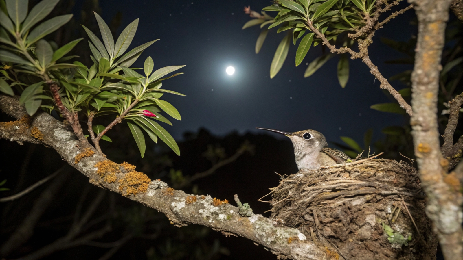 a hummingbird in a nest on a tree branch