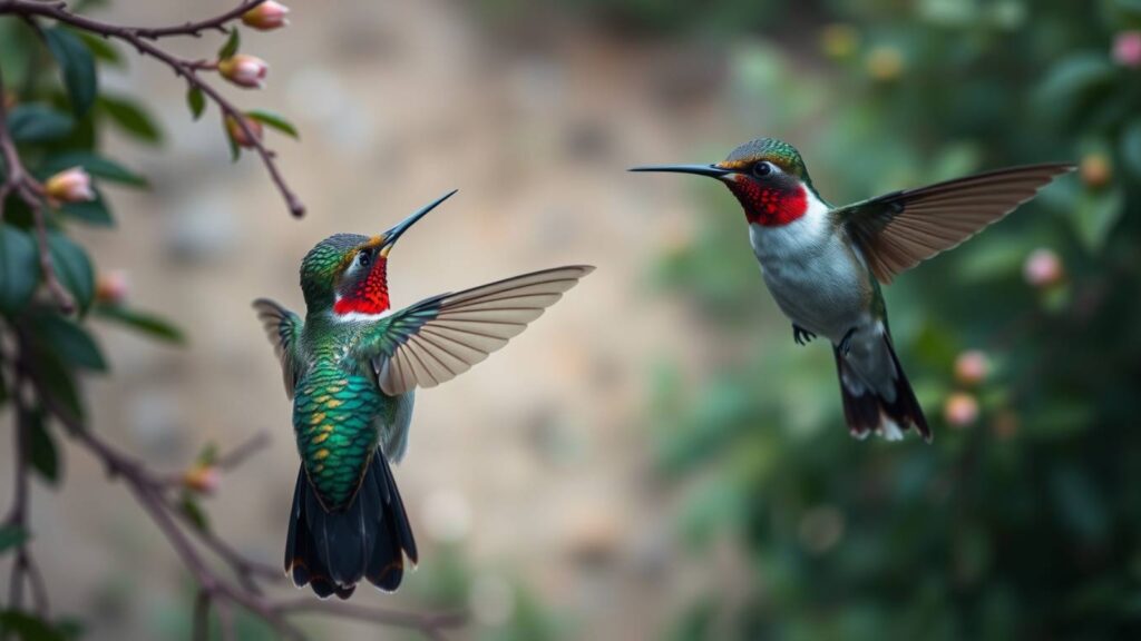 a couple of hummingbirds flying next to each other