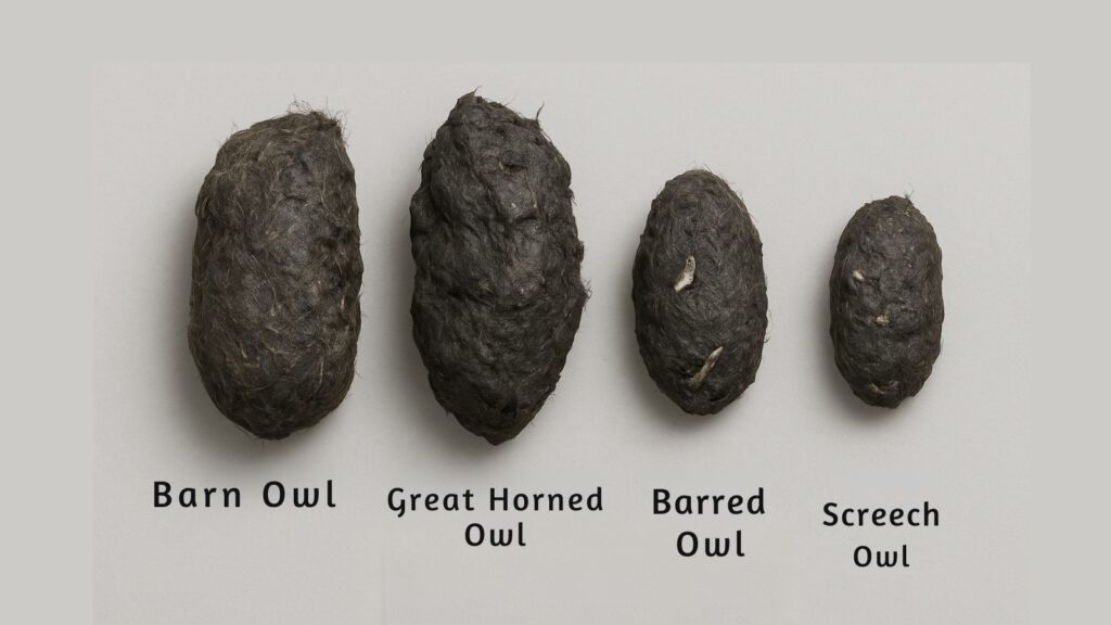 Four dark, oval owl pellets of progressively smaller sizes laid out left to right on a light grey background. From left to right they are labeled: “Barn Owl” (largest, about 5 cm long), “Great Horned Owl” (next largest), “Barred Owl” (medium-sized, slightly smaller), and “Screech Owl” (smallest, about 2 cm long).
