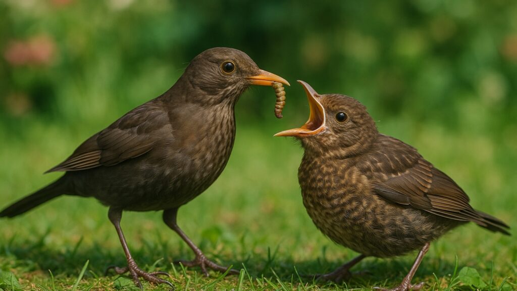 Adult blackbird feeding caterpillar to hungry fledgling