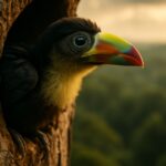 Young Keel-billed Toucan fledgling taking first brave peek from tree cavity nest preparing for maiden flight, developing plumage and colorful beak, courage and adventure in rainforest canopy, pivotal moment in toucan life cycle Central America wildlife