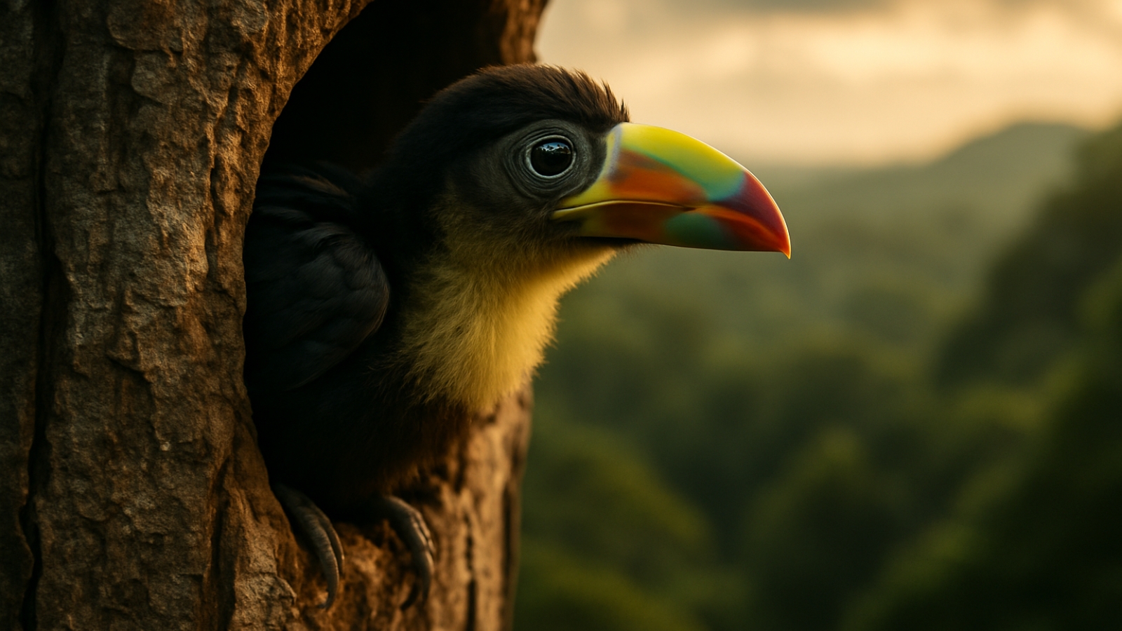 Young Keel-billed Toucan fledgling taking first brave peek from tree cavity nest preparing for maiden flight, developing plumage and colorful beak, courage and adventure in rainforest canopy, pivotal moment in toucan life cycle Central America wildlife