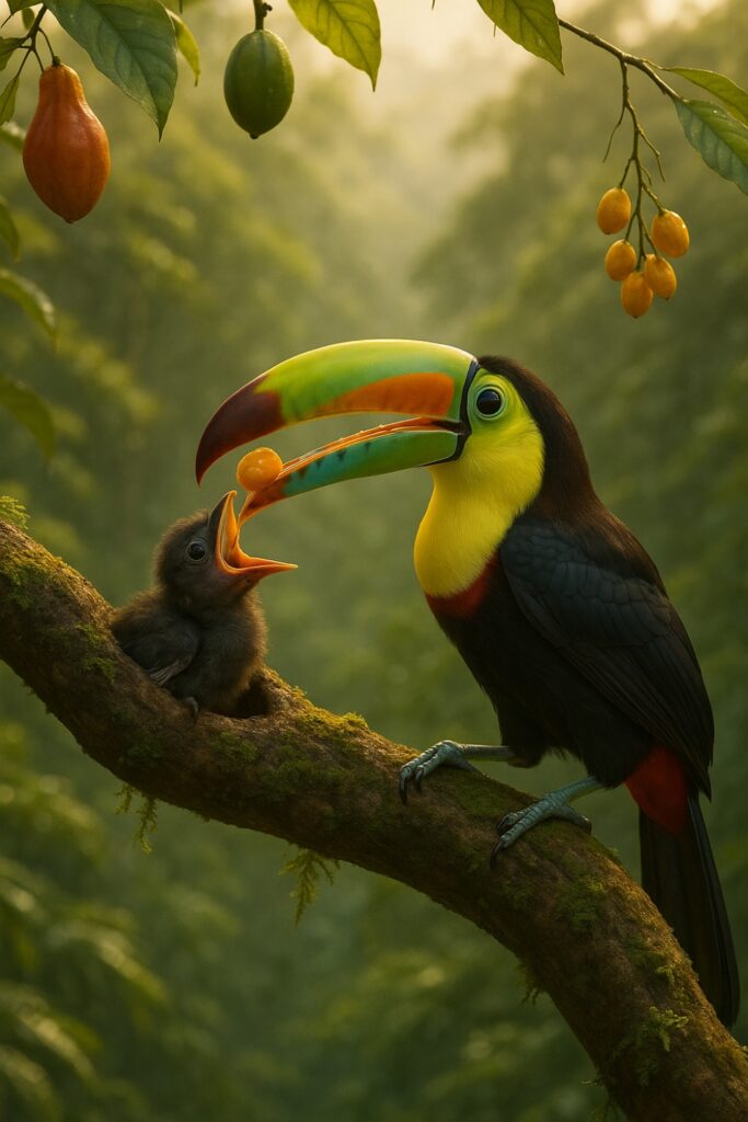 Keel-Billed Toucan Eating with Baby Keel-Billed Toucan