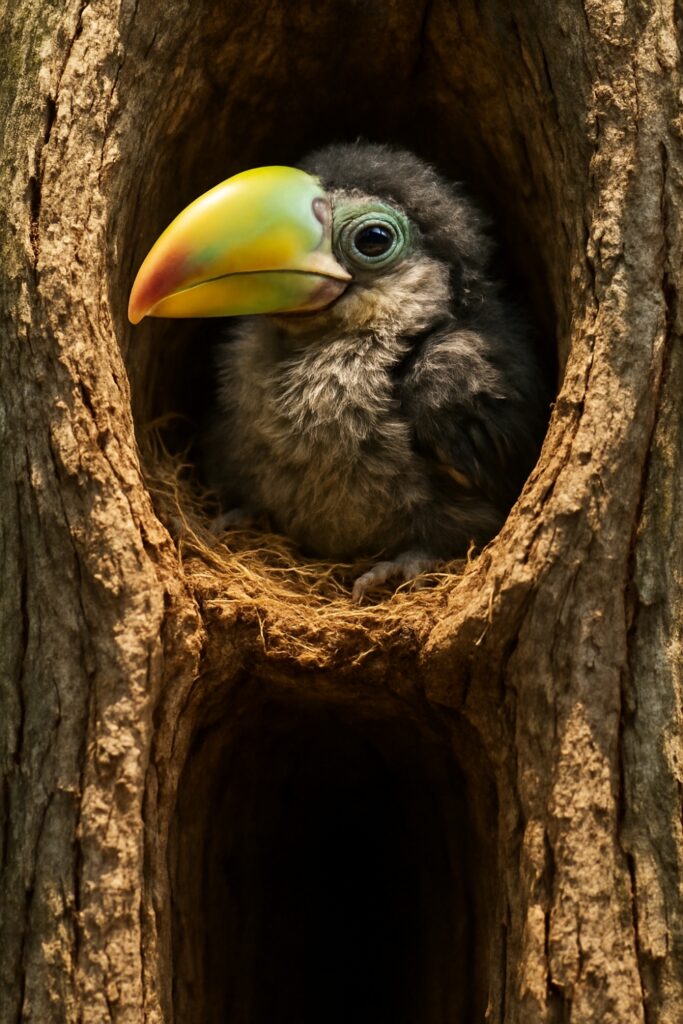 Baby Keel-billed Toucan chick nestled safely in deep tree cavity nest with magical sunlight filtering from above, vertical composition emphasizing protective nesting environment and vulnerability of cavity-nesting birds Central America rainforest