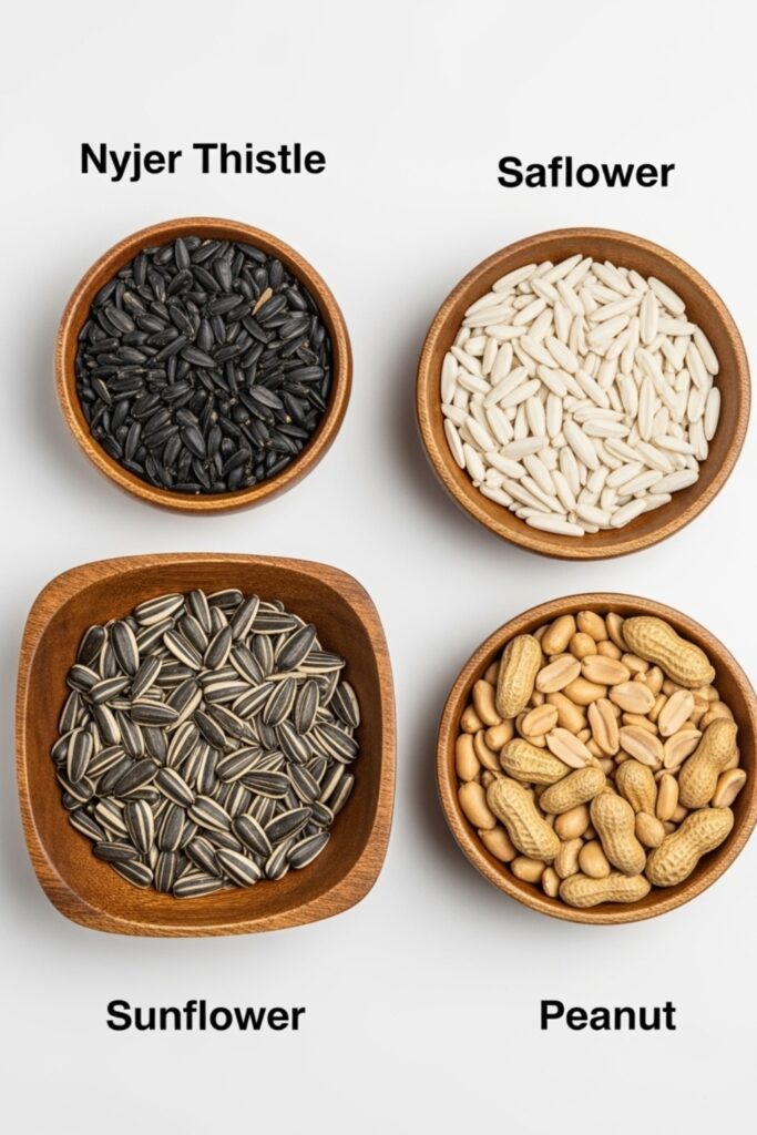 Bird seed comparison showing nyjer and safflower vs sunflower and peanuts