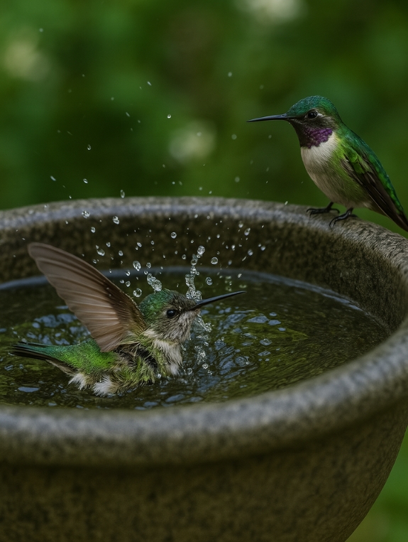 Hummingbird bathing in shallow fountain water showing natural behaviour