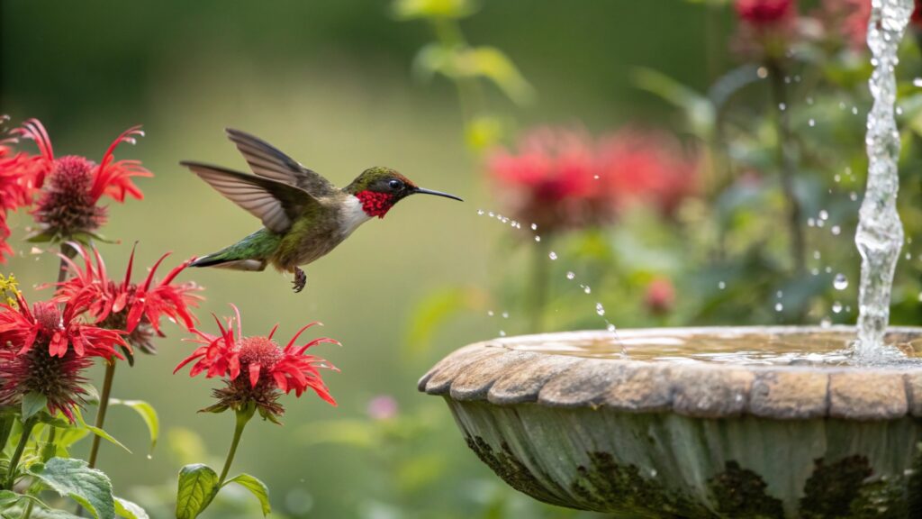 Hummingbird drinking from garden water fountain surrounded by flowers
