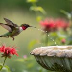 Hummingbird drinking from garden water fountain surrounded by flowers