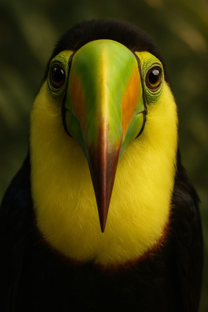 Emotionally powerful portrait of Keel-billed Toucan with intelligent soulful eyes looking directly at camera, Near Threatened IUCN conservation status, wildlife protection appeal, population decline habitat loss, Central America endangered species