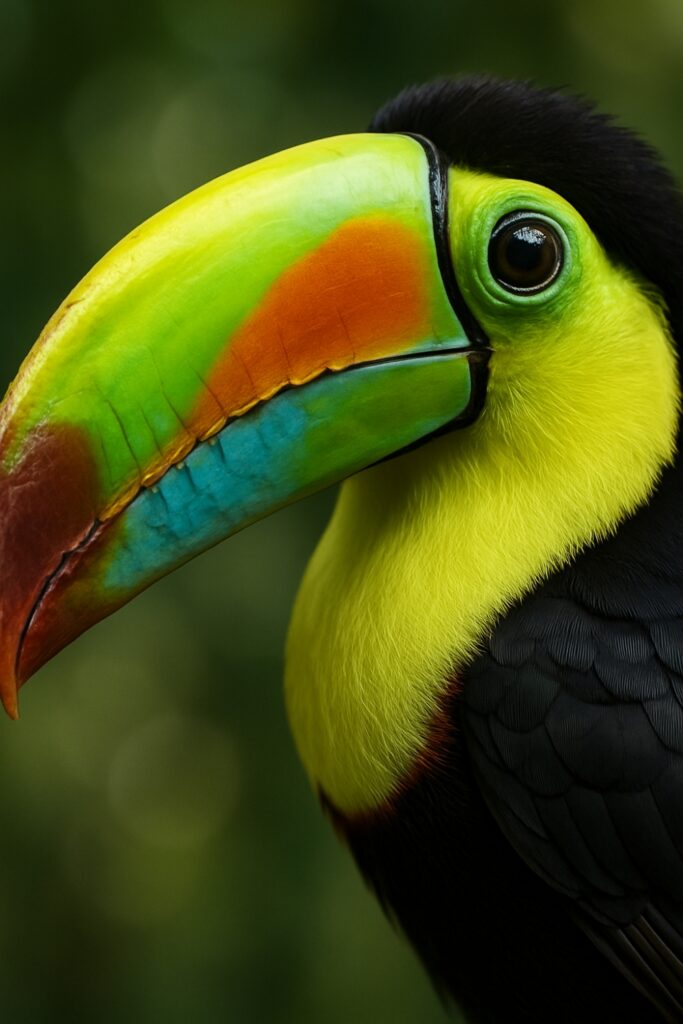 Extreme close-up of a Keel-billed Toucan's magnificent rainbow-colored beak showing architectural marvel with honeycomb structure, vibrant yellow green blue orange colors, Central America's national bird of Belize, tropical rainforest wildlife conservation