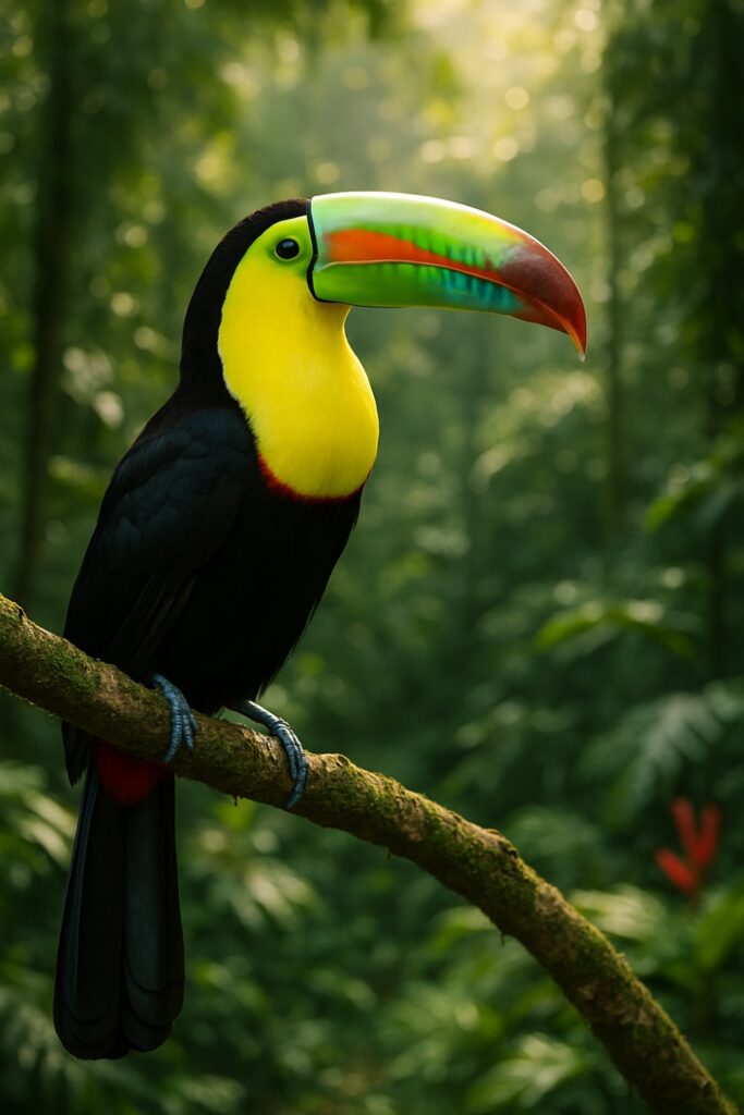 Keel-billed Toucan perched elegantly in lush tropical rainforest canopy habitat, showing vibrant yellow throat and rainbow beak, keystone species seed disperser for over 100 plant species, rainforest ecosystem engineer, wildlife conservation importance