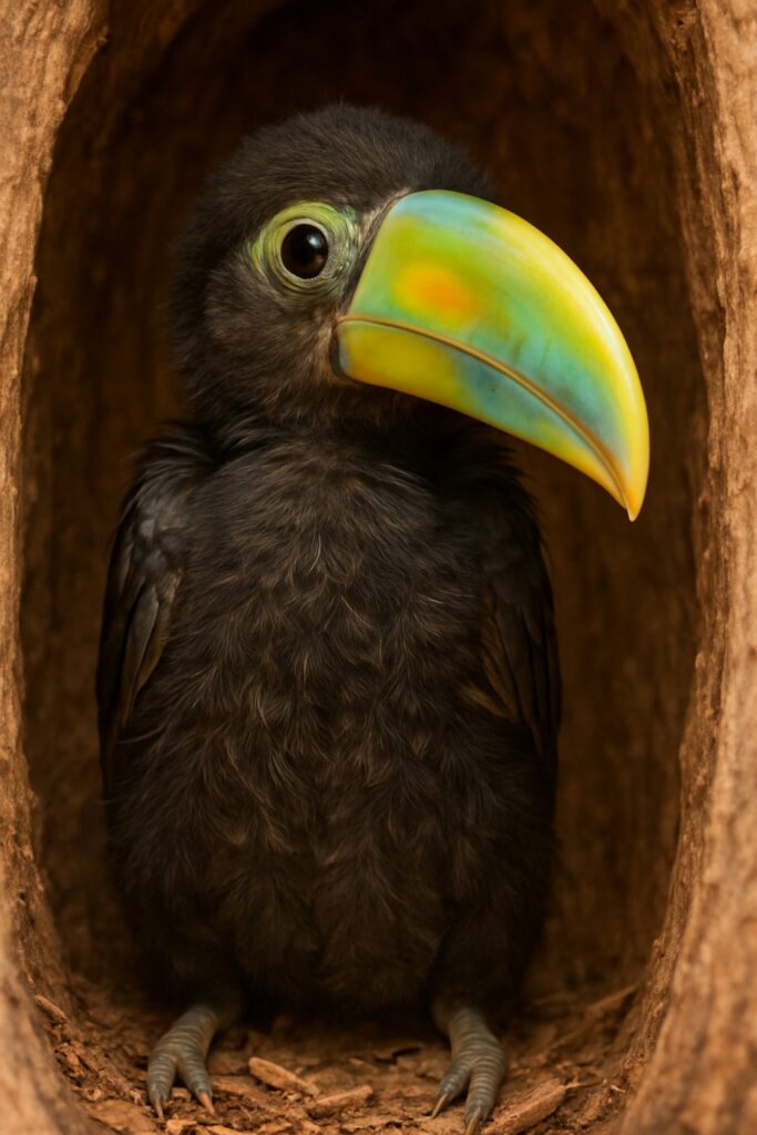 Older baby Keel-billed Toucan chick standing upright showing remarkable growth and development, emerging rainbow beak colors with yellows and greens, confident posture and bright alert eyes demonstrating incredible transformation journey