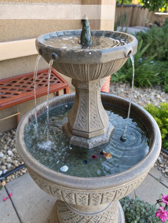 Hummingbird fountain design showing ideal water depth and basin features