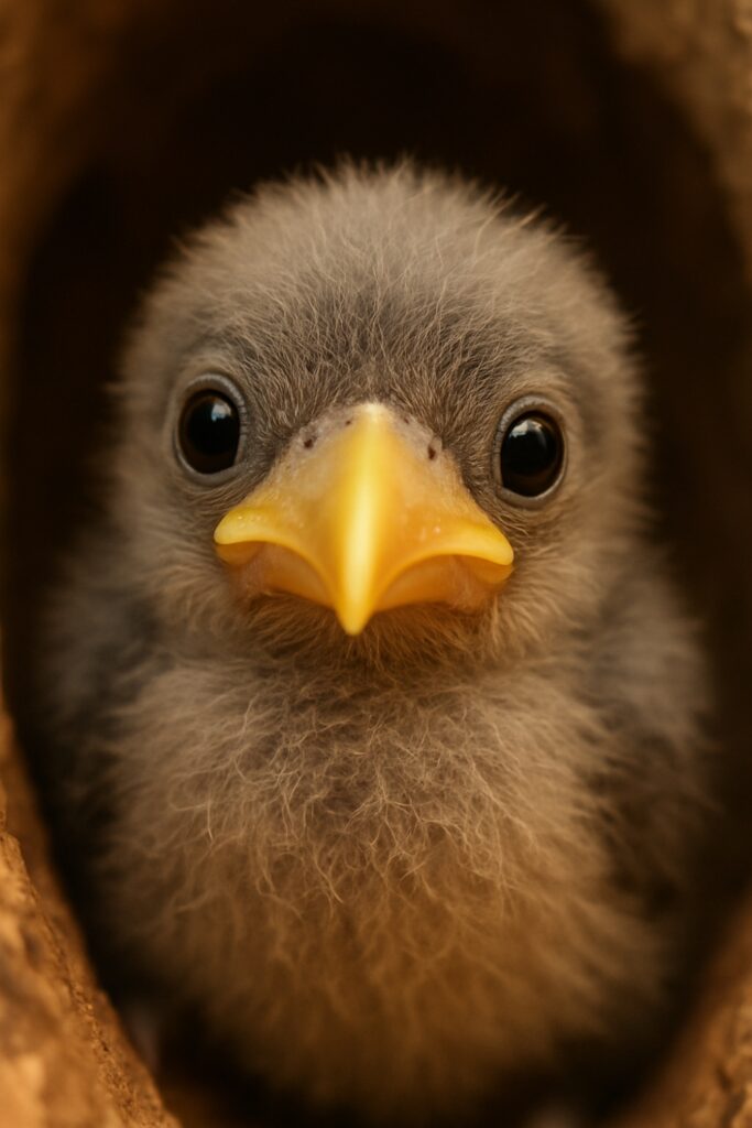 Tiny baby Keel-billed Toucan chick with enormous innocent dark eyes and soft fluffy down feathers, heart-melting close-up portrait showing developing yellow beak, irresistibly cute altricial chick perfect for mobile viewing and social media sharing