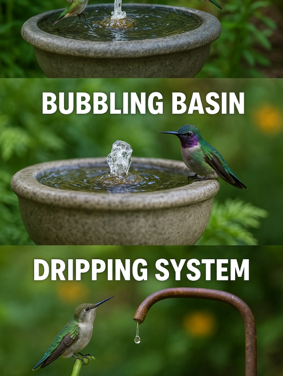 Different types of water fountains that attract hummingbirds to gardens