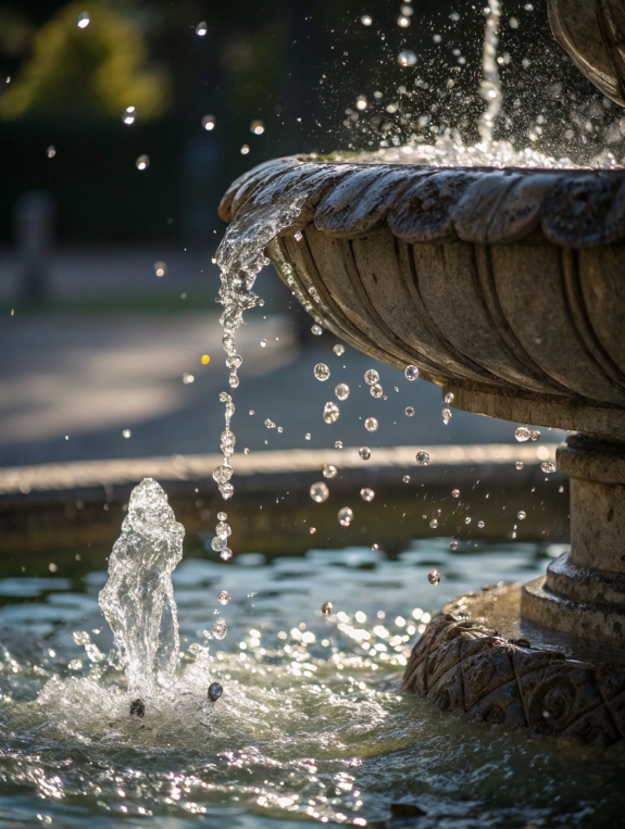 Bubbling water fountain with light reflections attracting hummingbirds