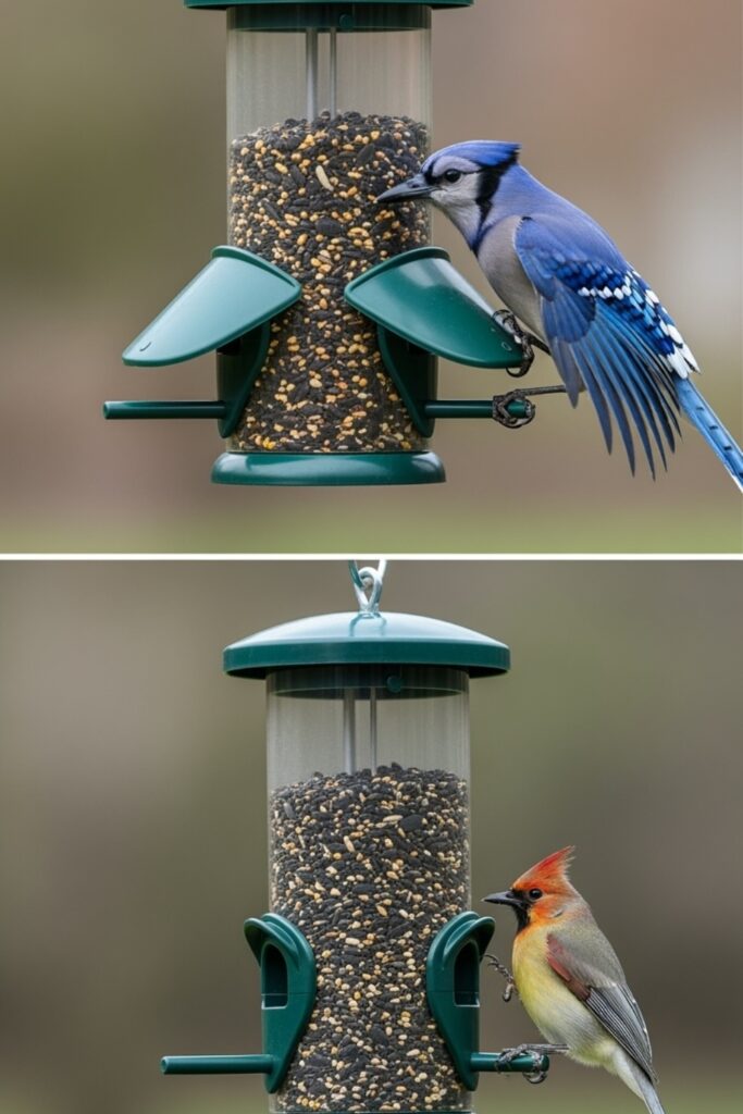 Weight-activated feeder closing feeding ports when blue jay lands on perch