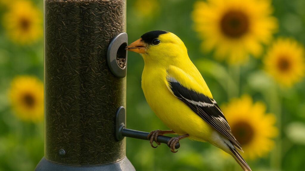 American goldfinch feeding on nyjer seed in garden feeder