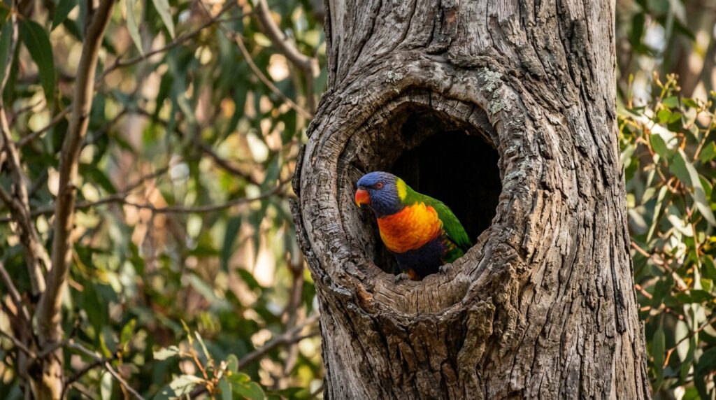 Female rainbow lorikeet Incubating in a Nest Hollow
