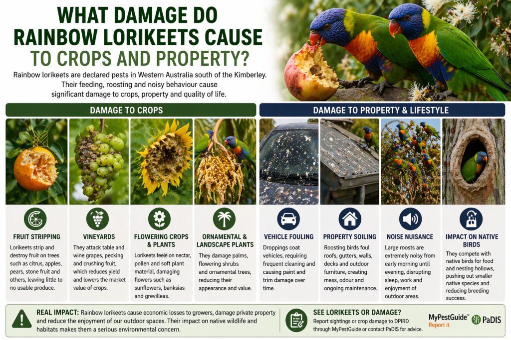 What Damage Do Rainbow Lorikeets Cause to Crops and Property