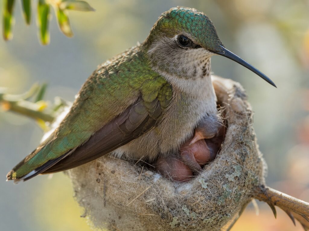 Mother hummingbird brooding two tiny newborn chicks in a delicate nest attached to a branch