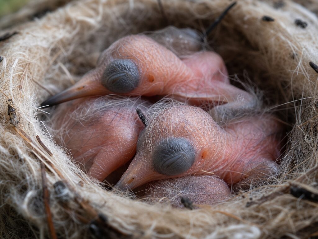 Extreme close-up of two blind, pink, nearly naked baby hummingbirds in the nest just after hatching