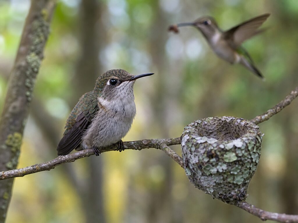 Young hummingbird fledgling perched on a branch right next to the empty nest while the mother watches