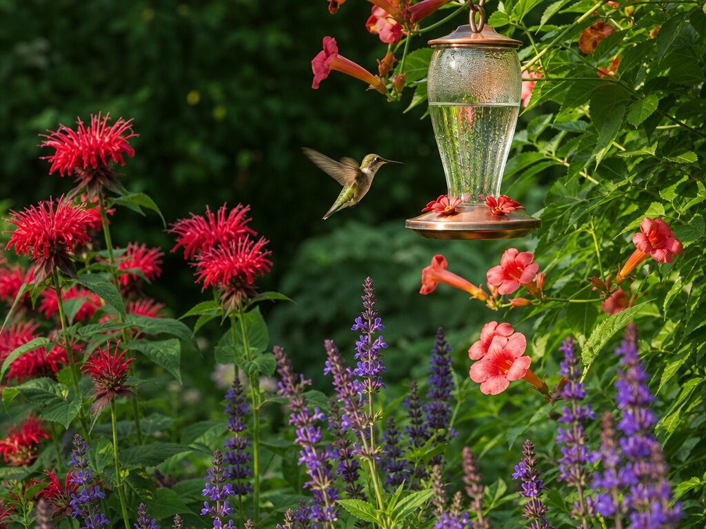 Lush backyard garden with native nectar flowers and a clean glass hummingbird feeder