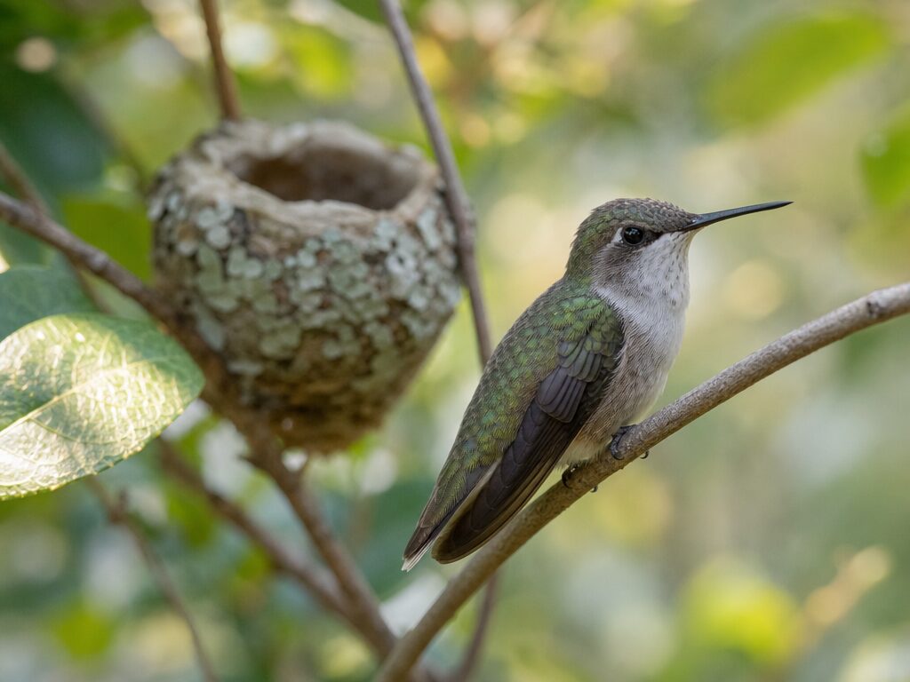 Healthy young hummingbird fledgling perched on a branch after leaving the nest