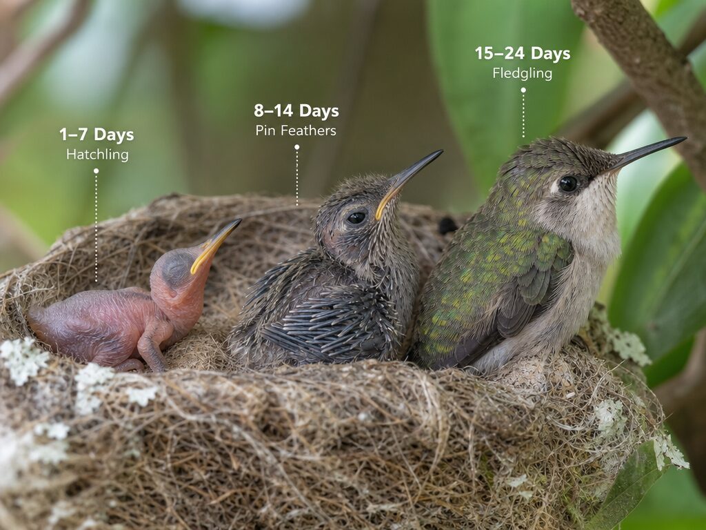 Visual progression showing baby hummingbird development stages: naked hatchling, chick with pin feathers, and fully feathered fledgling